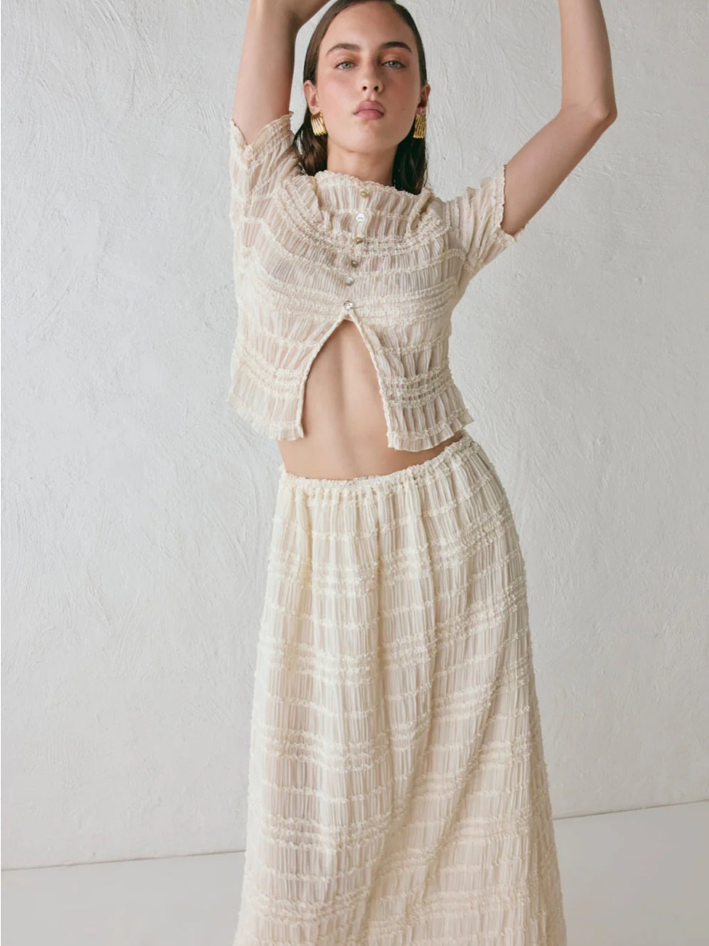 Cream Textured Short-Sleeve Shirt and Skirt Set with Front Keyhole - Picture 3 of 6
